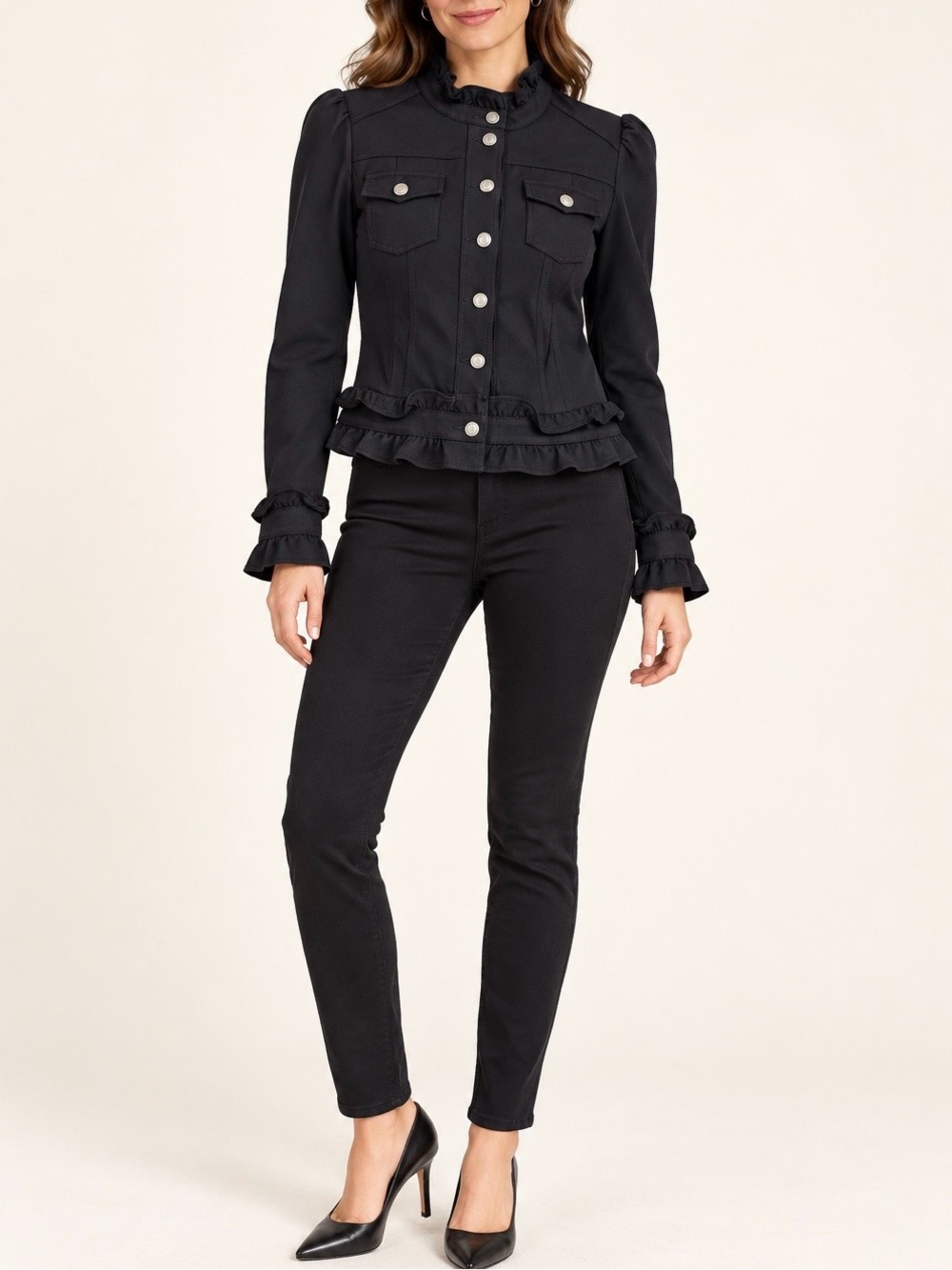 INC International Concepts Black Ruffle Military Jacket Medium
